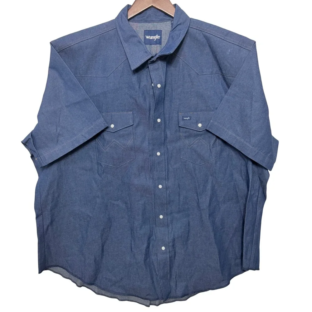 Wrangler Mens Blue Denim Western Pearl Snap Short Sleeve Shirt Big 3X 3XL